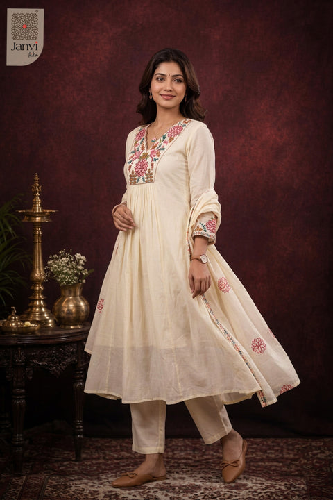 Moonlit Ivory Gulmohar Symphony Anarkali