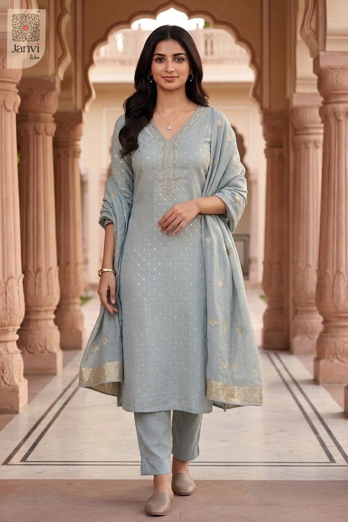 Moonstone Majesty Embroidered V Neck Kurta