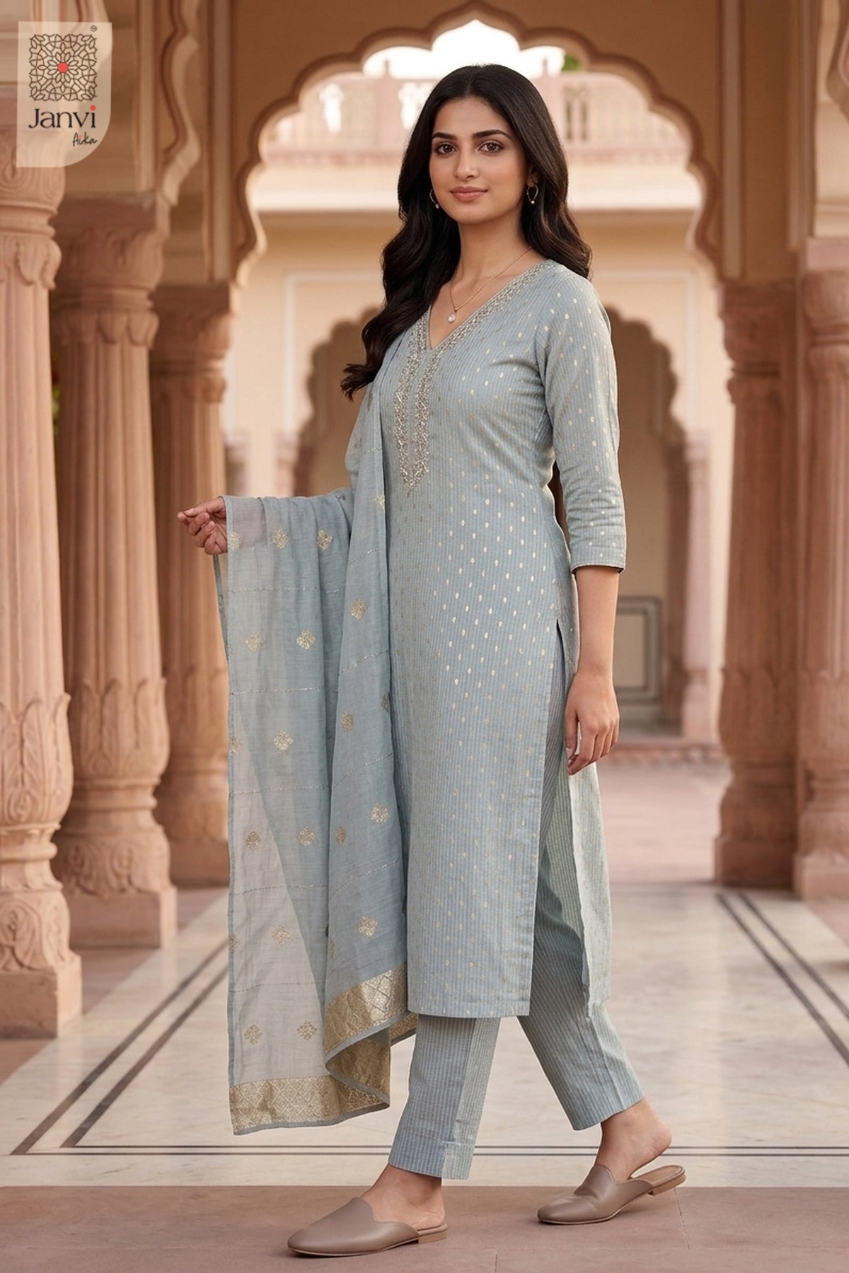 Moonstone Majesty Embroidered V Neck Kurta