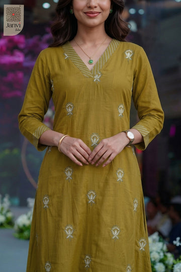 Front close up portrait of intricate leaf embroidery on a green indo western kurti.