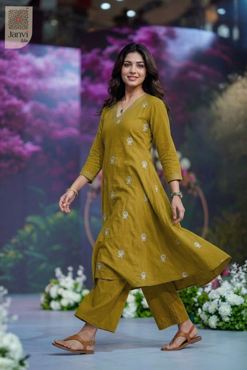 Studio walking motion towards camera in stylish matching moss green indo western outfits.