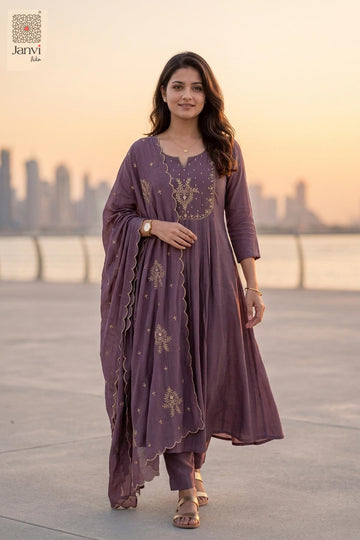 Dark lavender festive long anarkali dress with dupatta and scalloped embroidered lace.