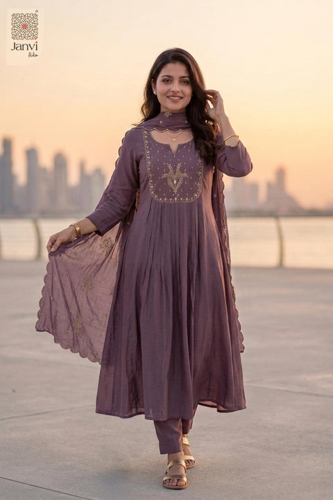 Front full standing view of a dark lavender festive pleated anarkali kurta.