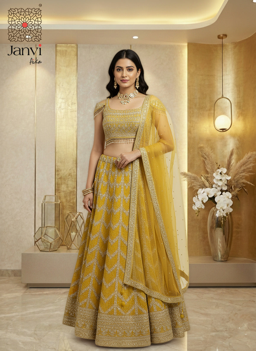 Mustard Gold Sequin Georgette Lehenga Set