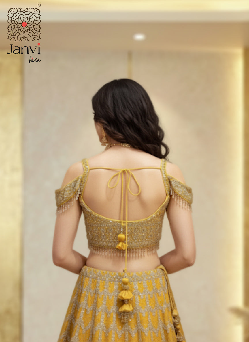 Mustard Gold Sequin Georgette Lehenga Set