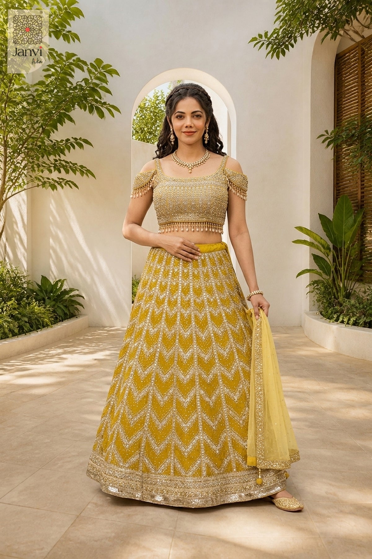 Full front view of Mustard Gold Sequin presenting style for simple party wear dress for ladies.