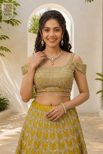 Waist up front smiling view of a beautiful mustard gold georgette and net floral bridal lehenga.