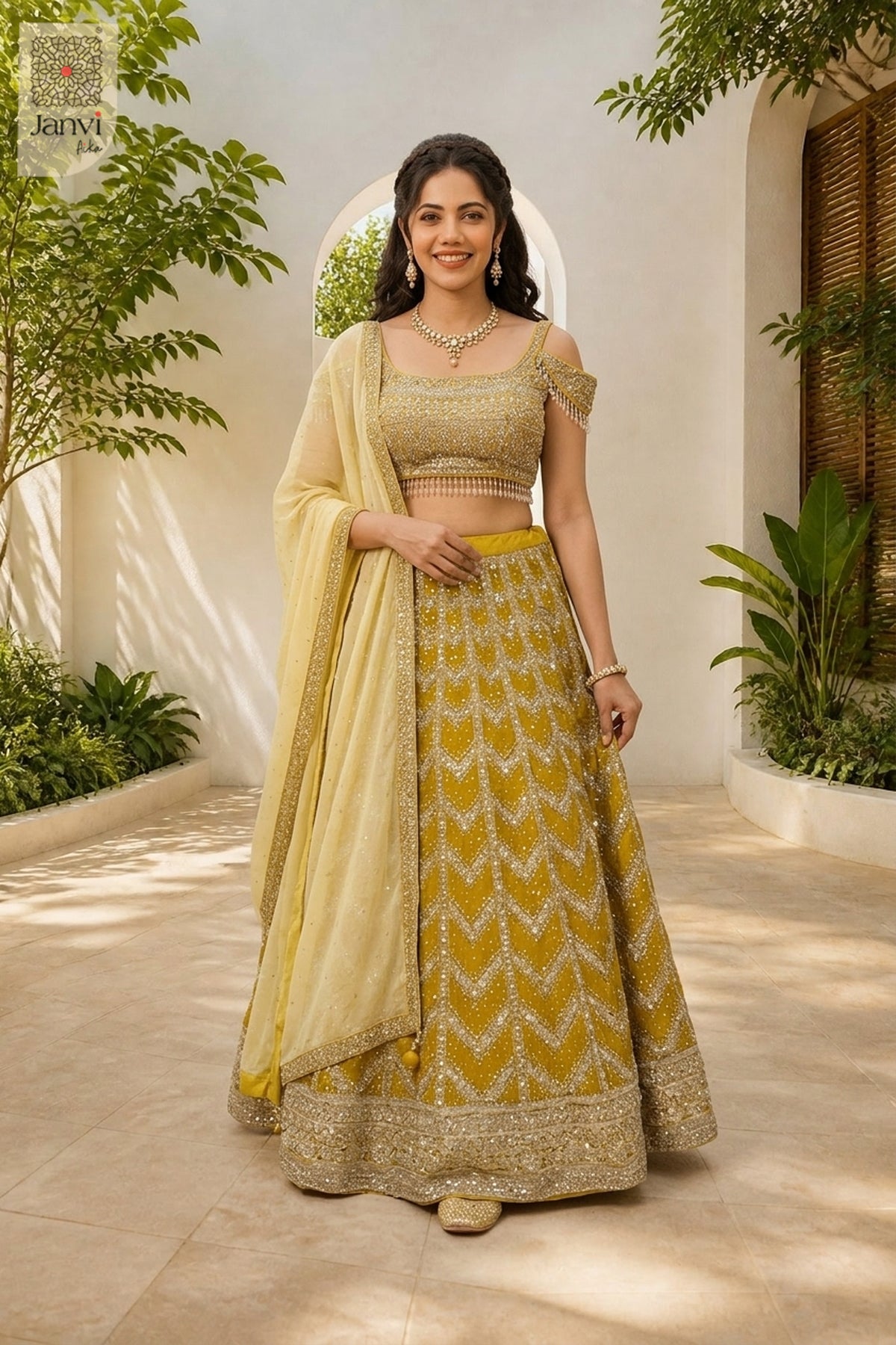 This front full standing shot showcases a gorgeous mustard gold georgette and net lehenga.