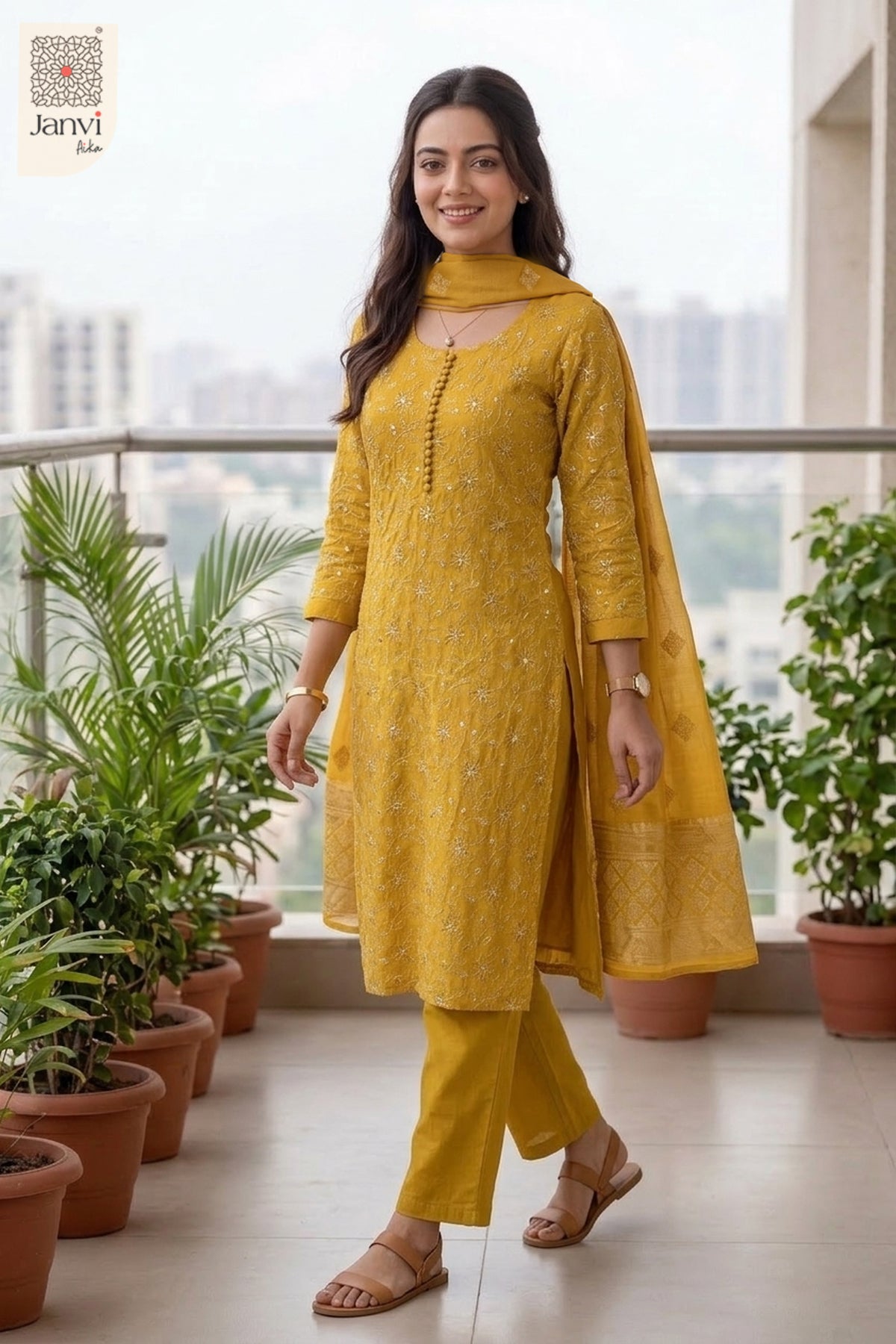 Mustard Yellow Garden Vine Embroidered Round Neck Kurti