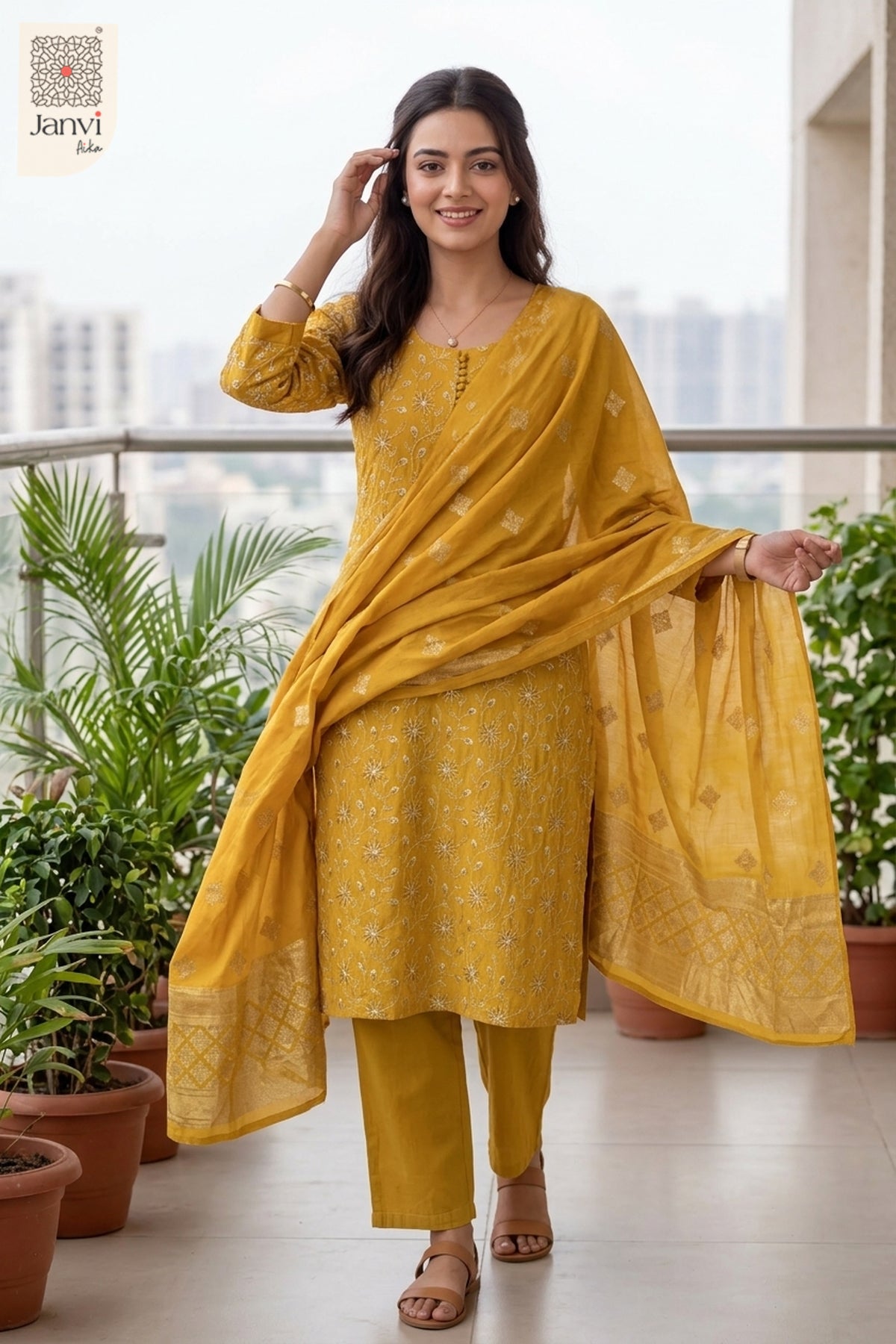 Mustard Yellow Garden Vine Embroidered Round Neck Kurti