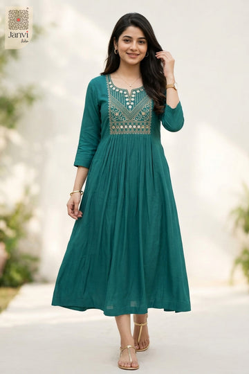 Mid-length front view of dark cyan long tunic tops for women with rich embroidered yoke