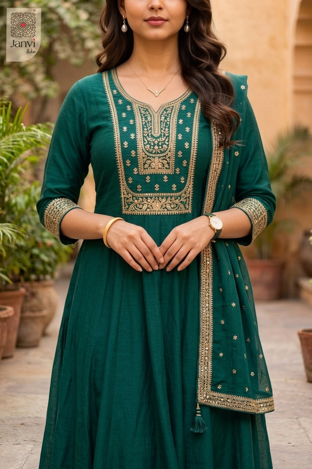 Back view showing neckline styling of Naurya Teal for long anarkali dress with dupatta.