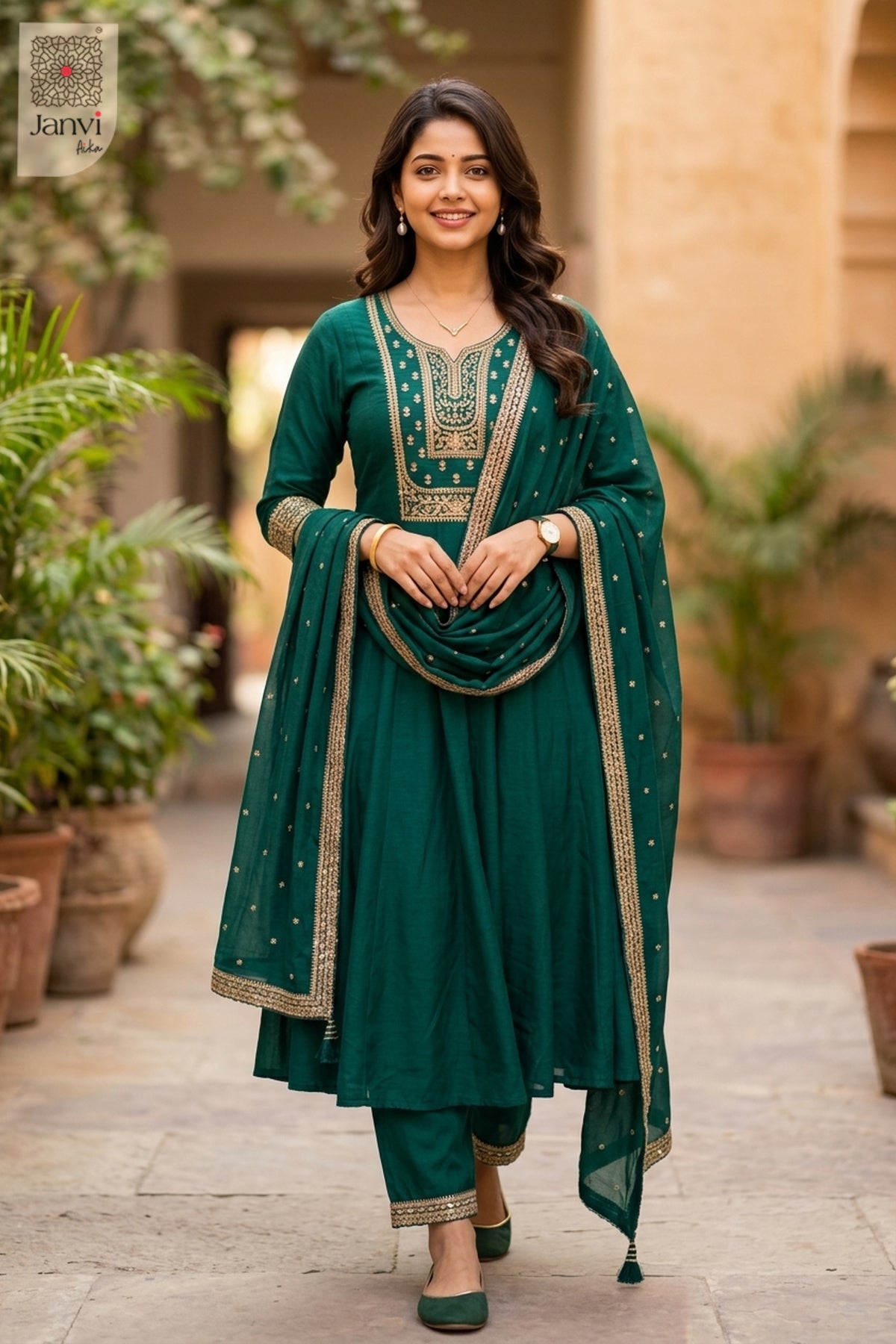 Waist-up front view of Naurya Teal presenting style for women's clothing online shopping.