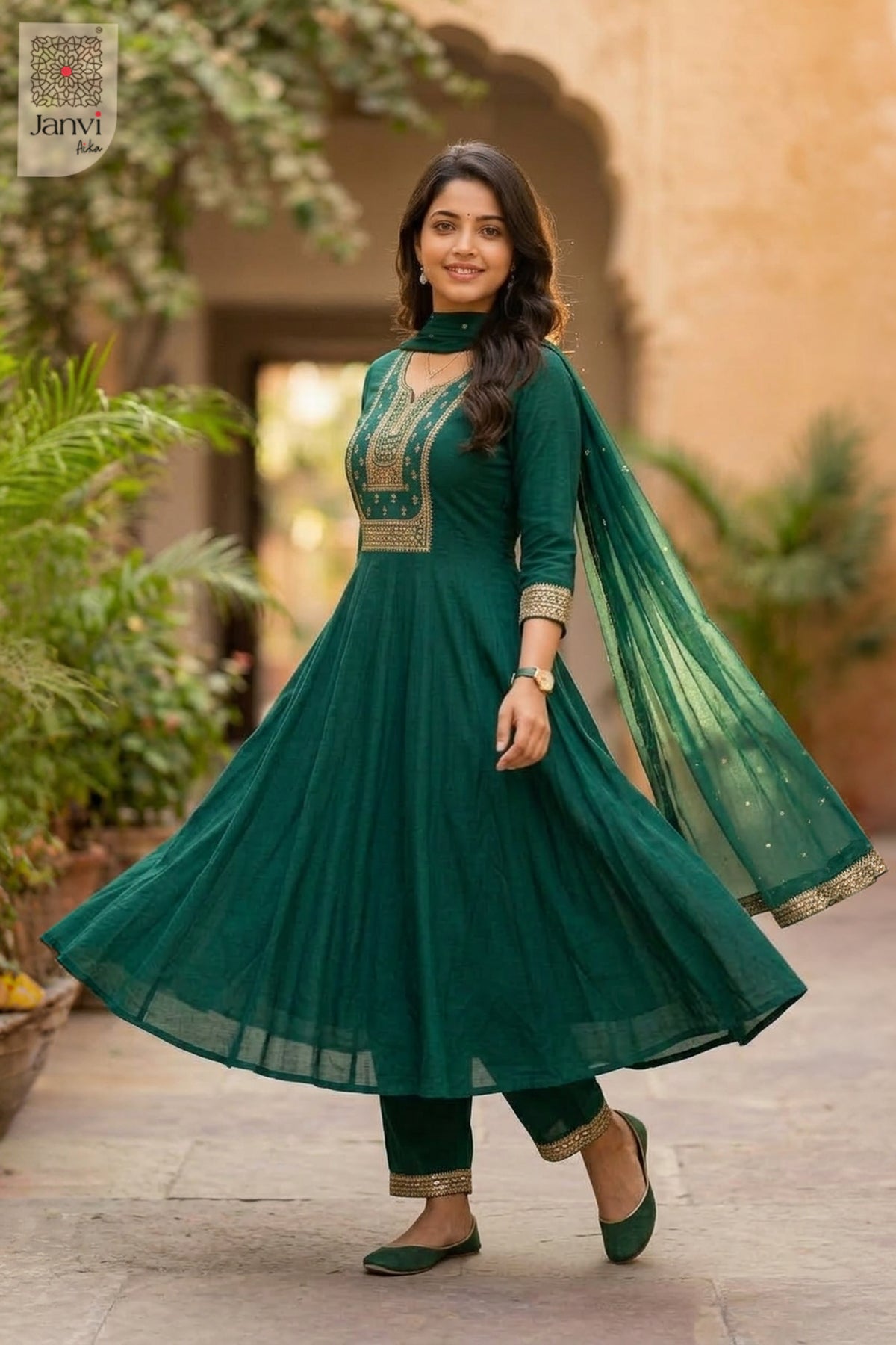Close-up of bodice and embroidery of Naurya Teal for black traditional dress for women.