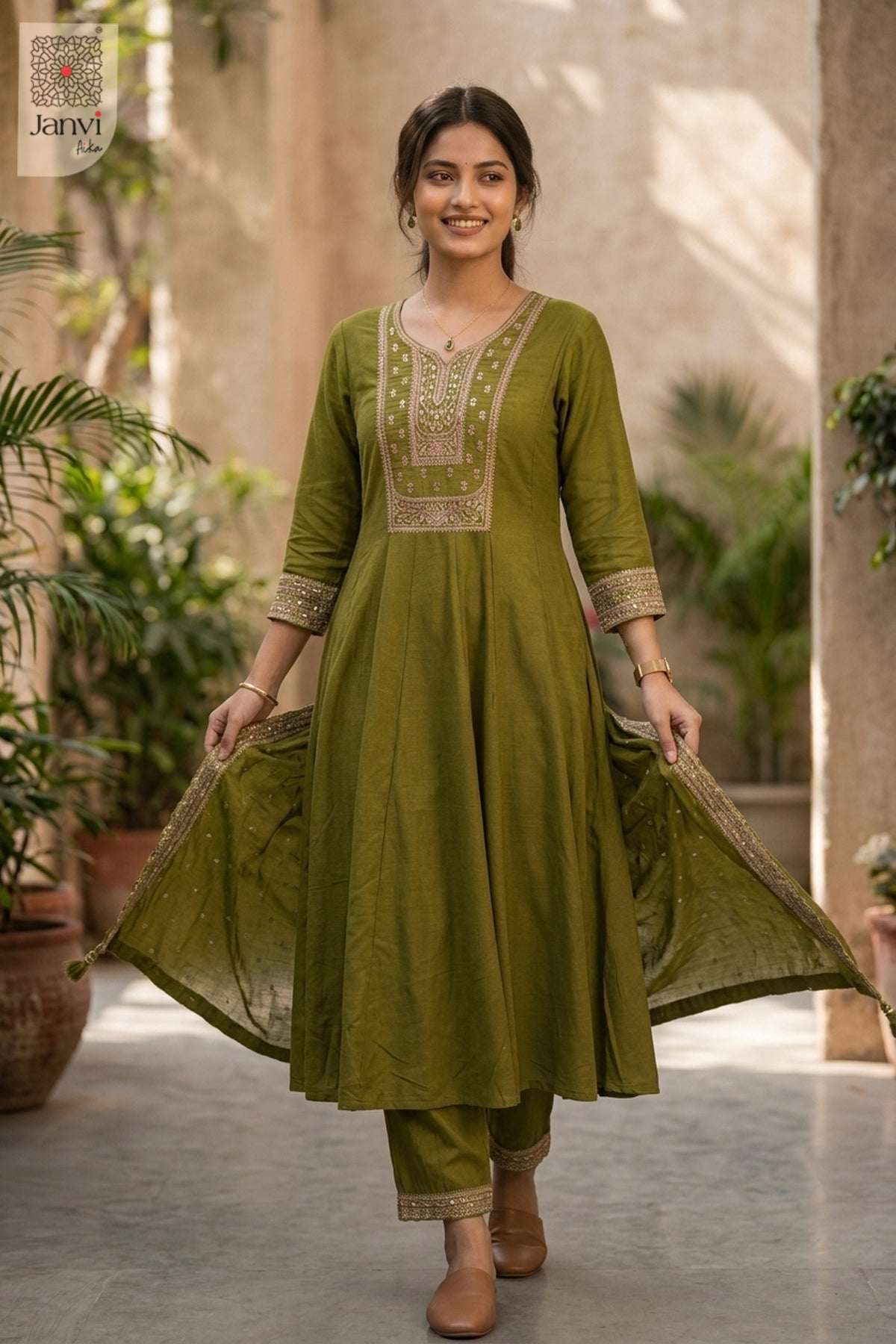 Side profile view of Noor Olivia showcasing design for long anarkali dress with dupatta.