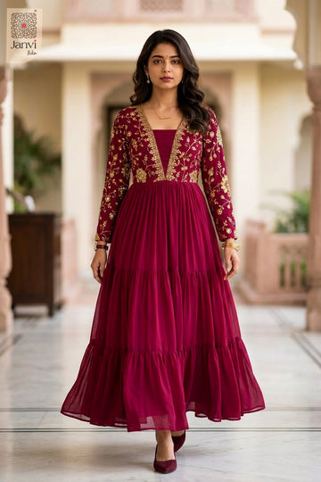 Front angled view of the flared silhouette of Noorza Crimson for black traditional dress for women.
