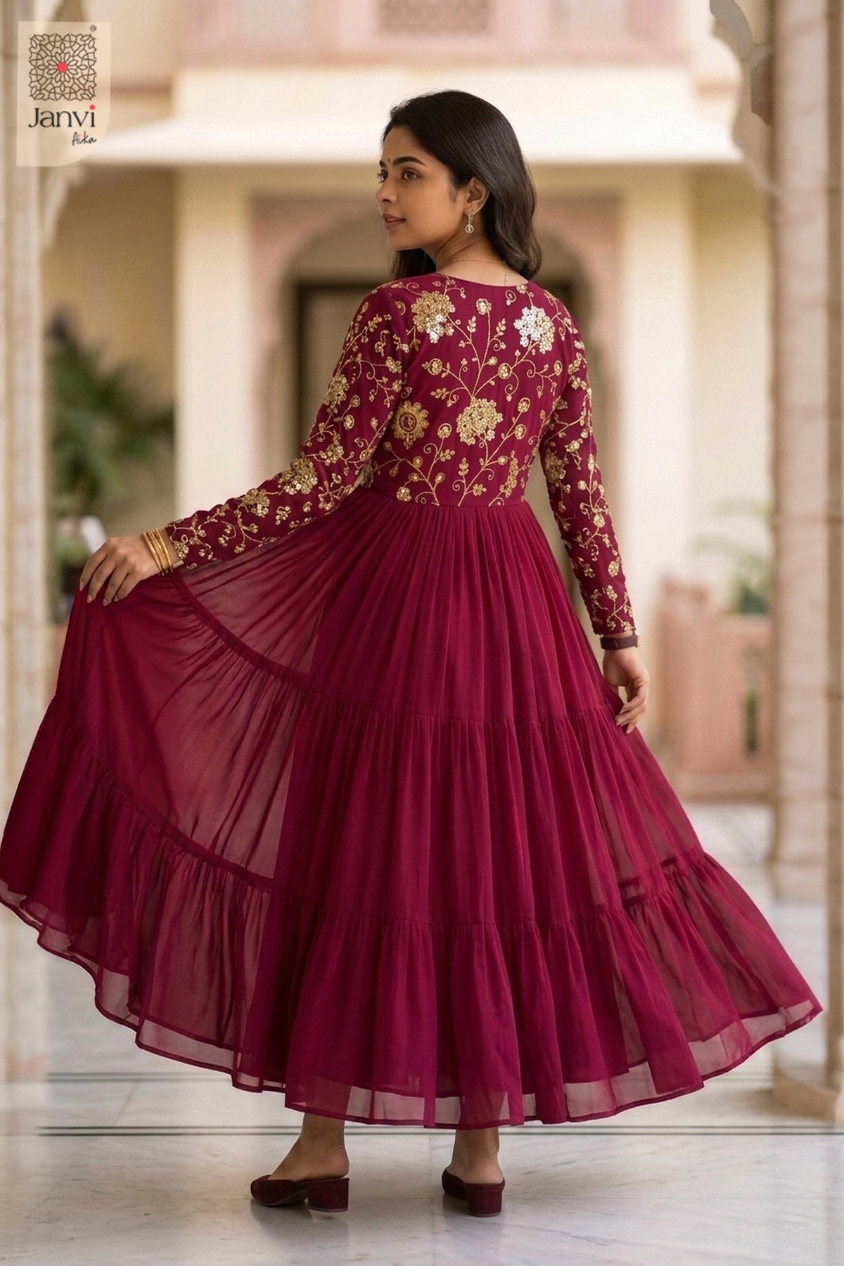 Back view showing neckline styling of Noorza Crimson Grace for birthday party dresses for ladies.