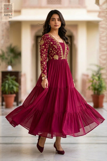 Side profile view of Noorza Crimson Grace showcasing design for readymade party wear suits online.