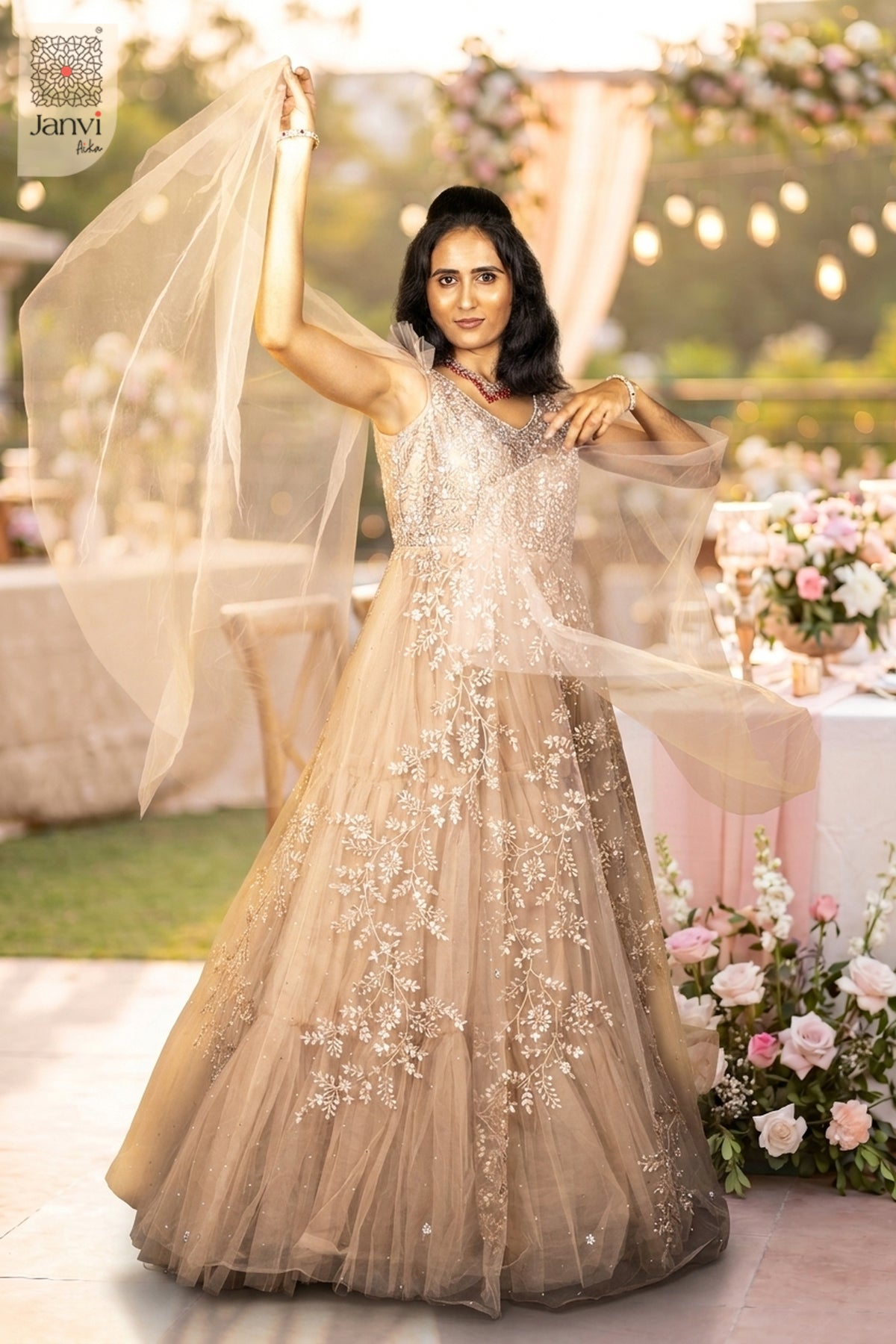 Captivate everyone in a front full view showcasing this mesmerizing party wear gown.