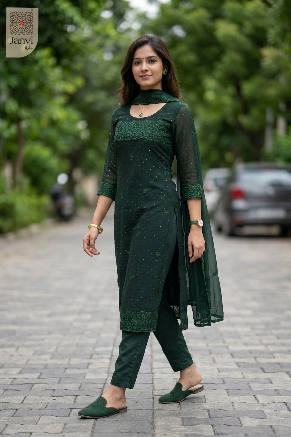 Waist-up front view of Nyra Deep Green presenting style for women's black dresses with sleeves.