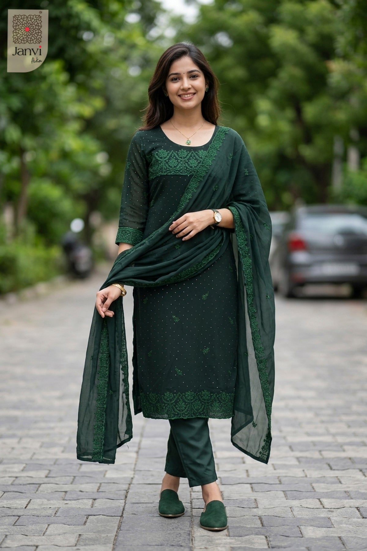 Front full view of Nyra Deep Green Couture showcasing style for online shopping dresses for ladies.