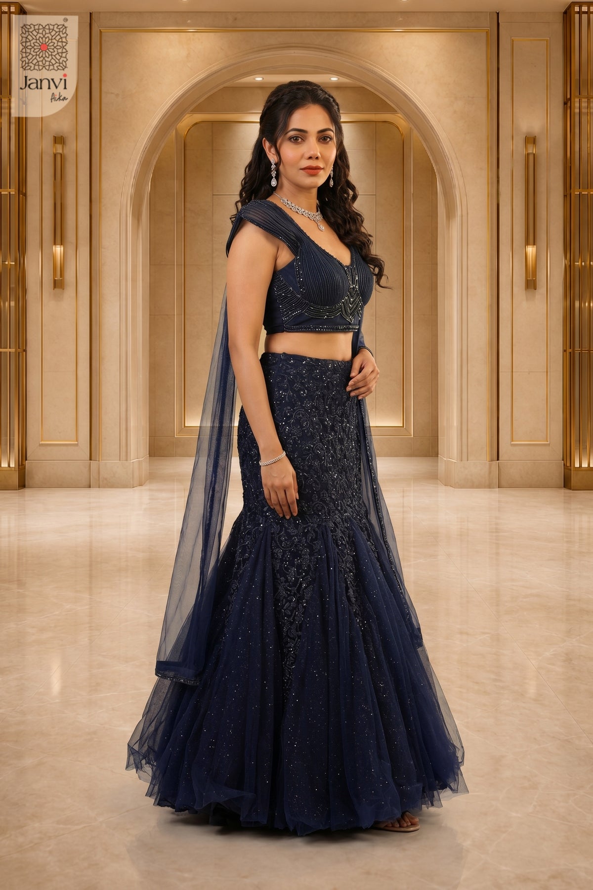 Stunning navy net sadi mein lehenga with an exquisite standing side profile shot.