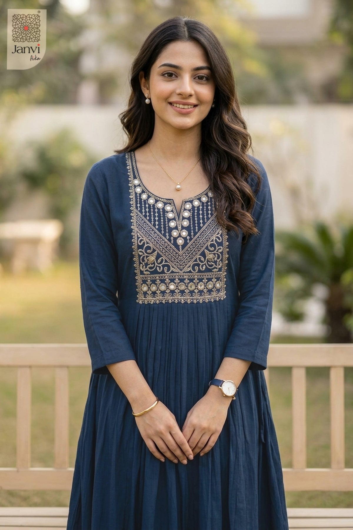 Front portrait of smiling woman in naval night beautiful tops for women in garden patio