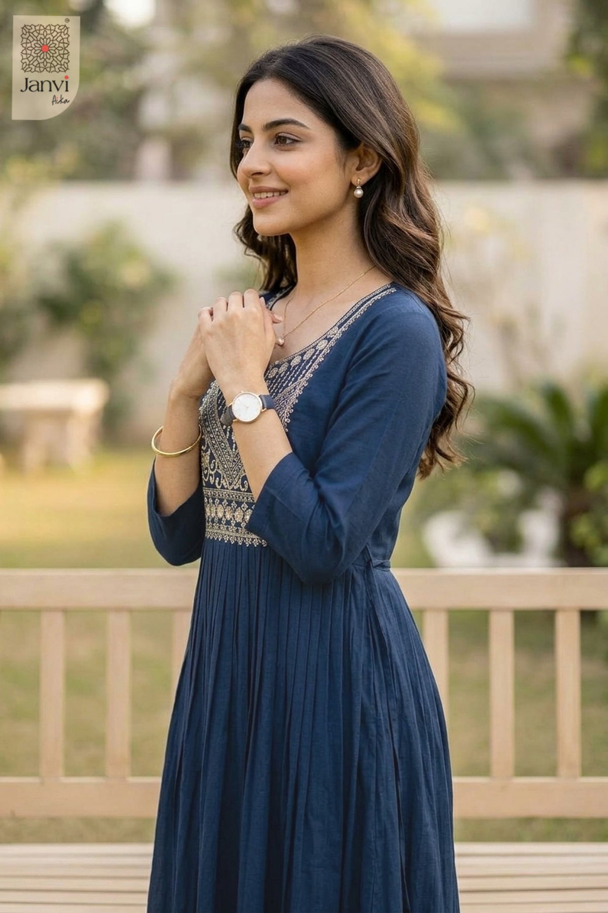 Side portrait of smiling woman in naval night fancy tops for women with arms folded