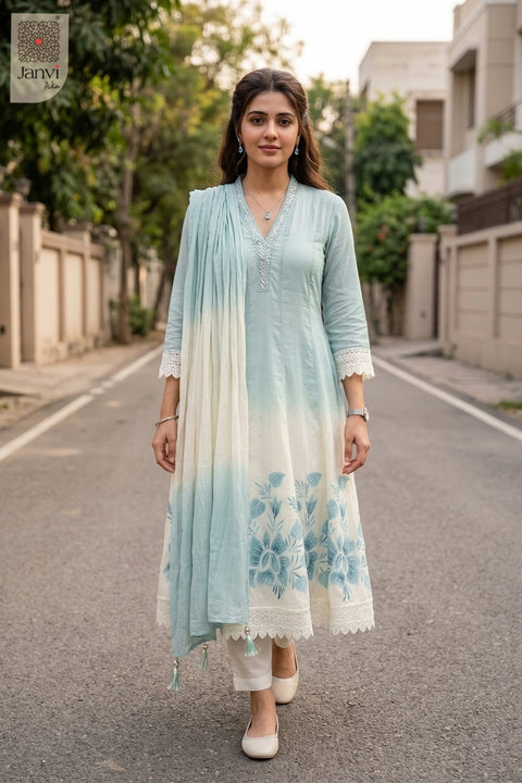 Ice blue ombre shaded long anarkali dress with dupatta and delicate floral lace.