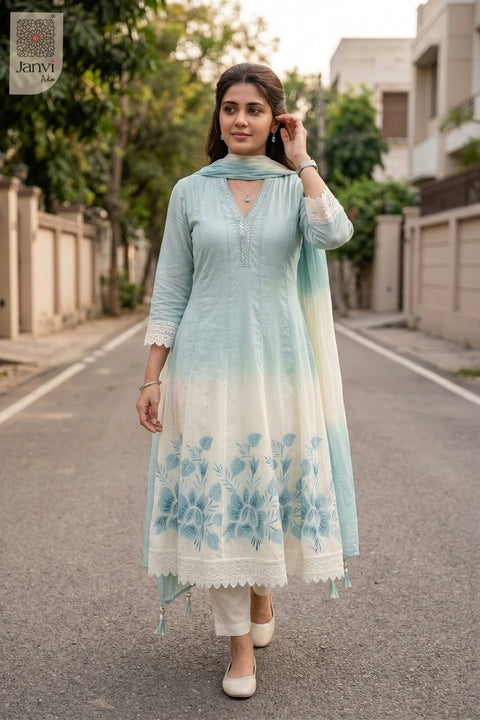 Graceful outdoor walking pose in an ice blue dip dye flared anarkali kurta attire.