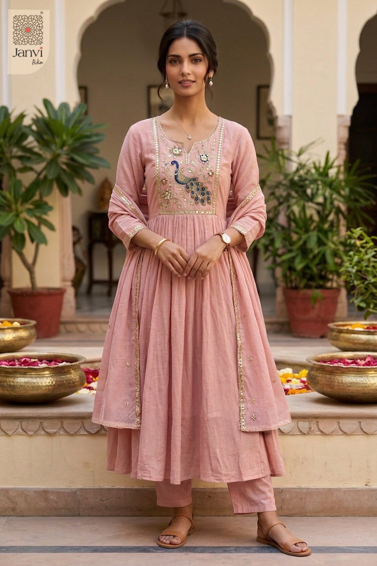 Nude Pink Atelier Peacock Embroidered Notch Neck Anarkali