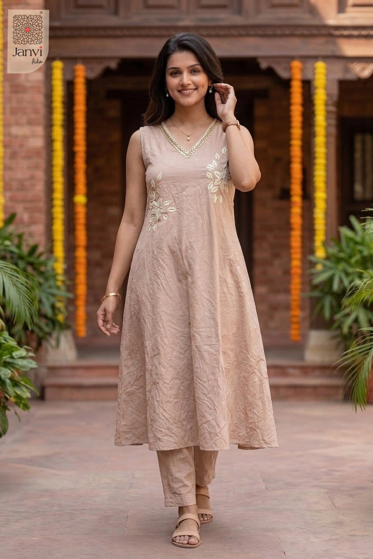Nude Floral Mirror Work - V Neck Set