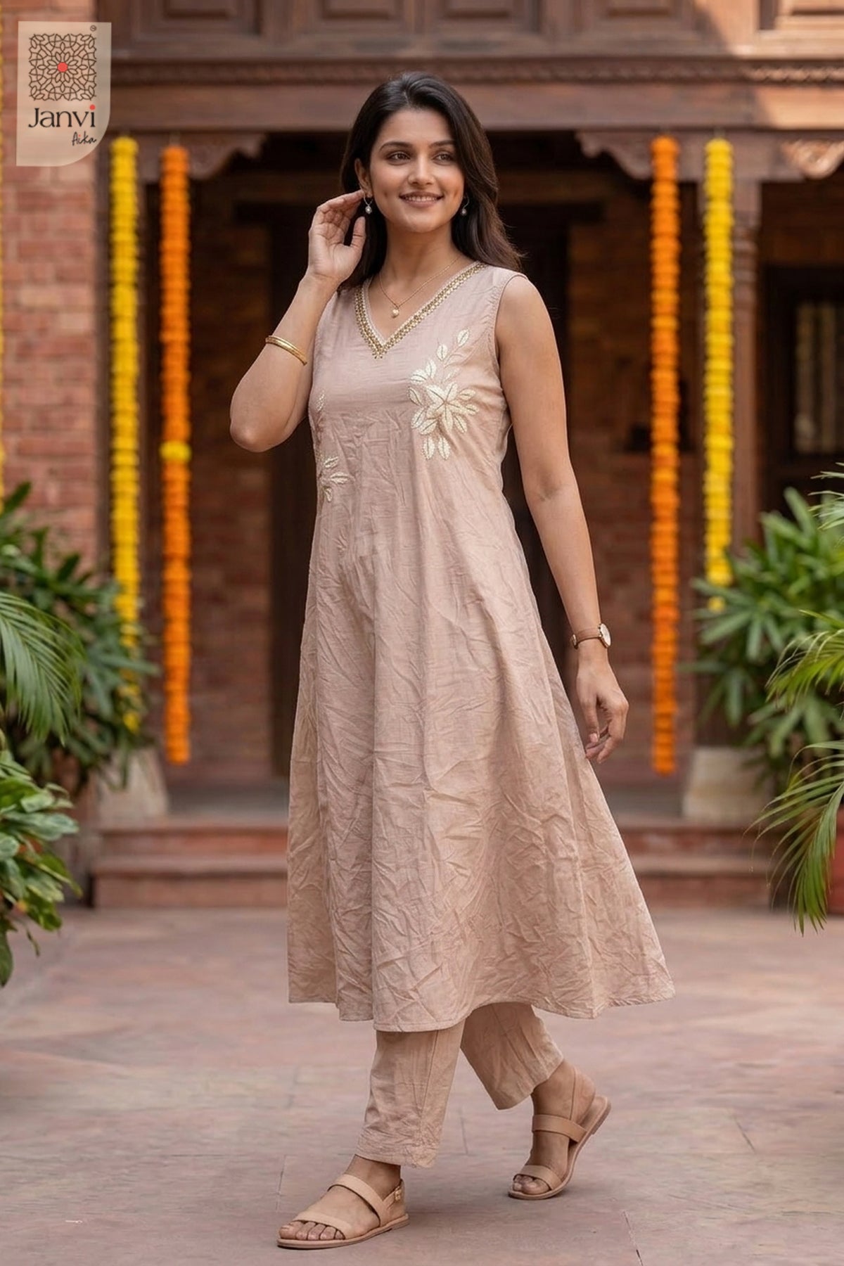 Nude Floral Mirror Work - V Neck Set