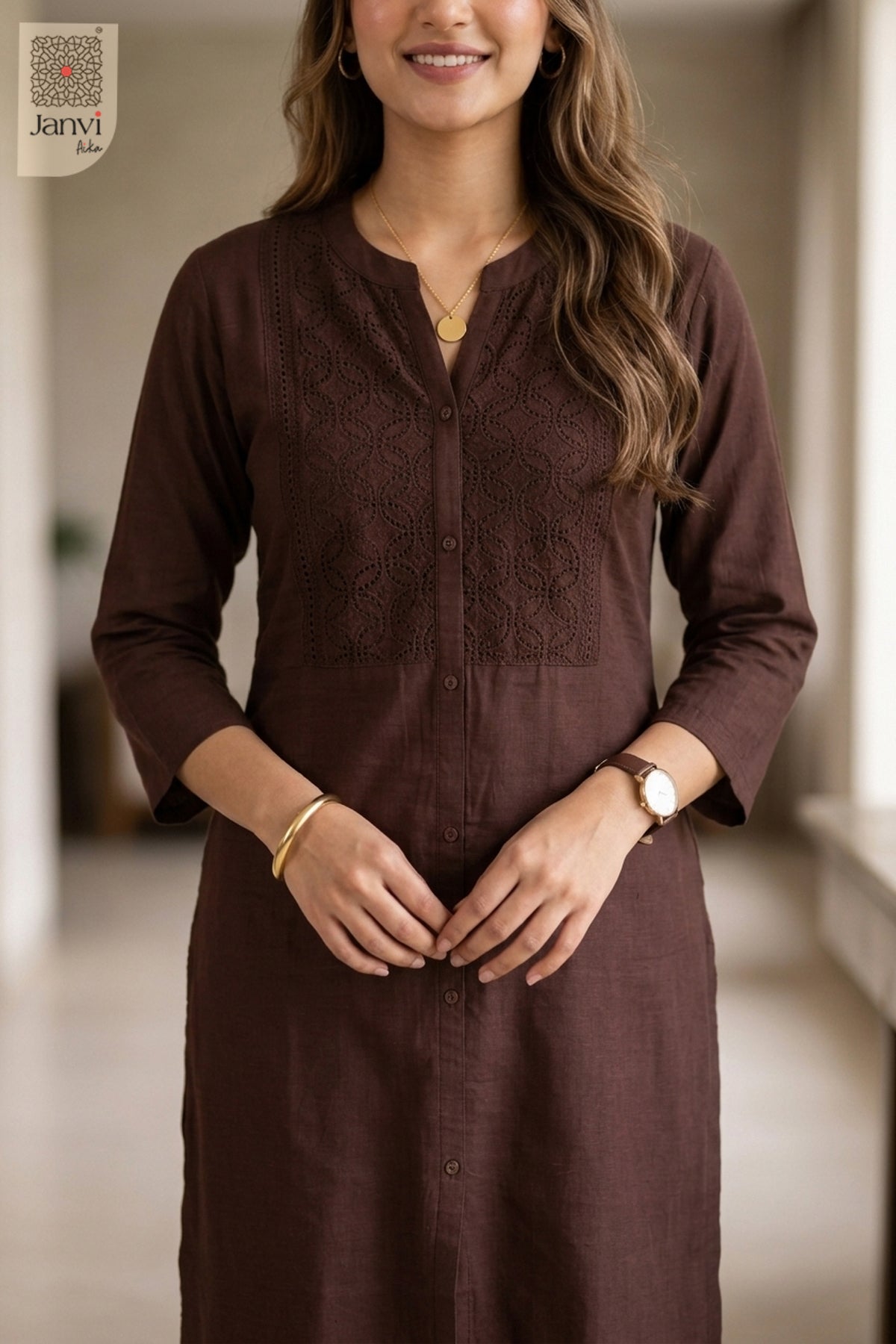 Close-up of Orchid Veil from the 2 piece outfits for ladies range showing tonal front embroidery.