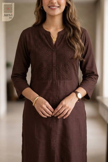 Close-up of Orchid Veil from the 2 piece outfits for ladies range showing tonal front embroidery.