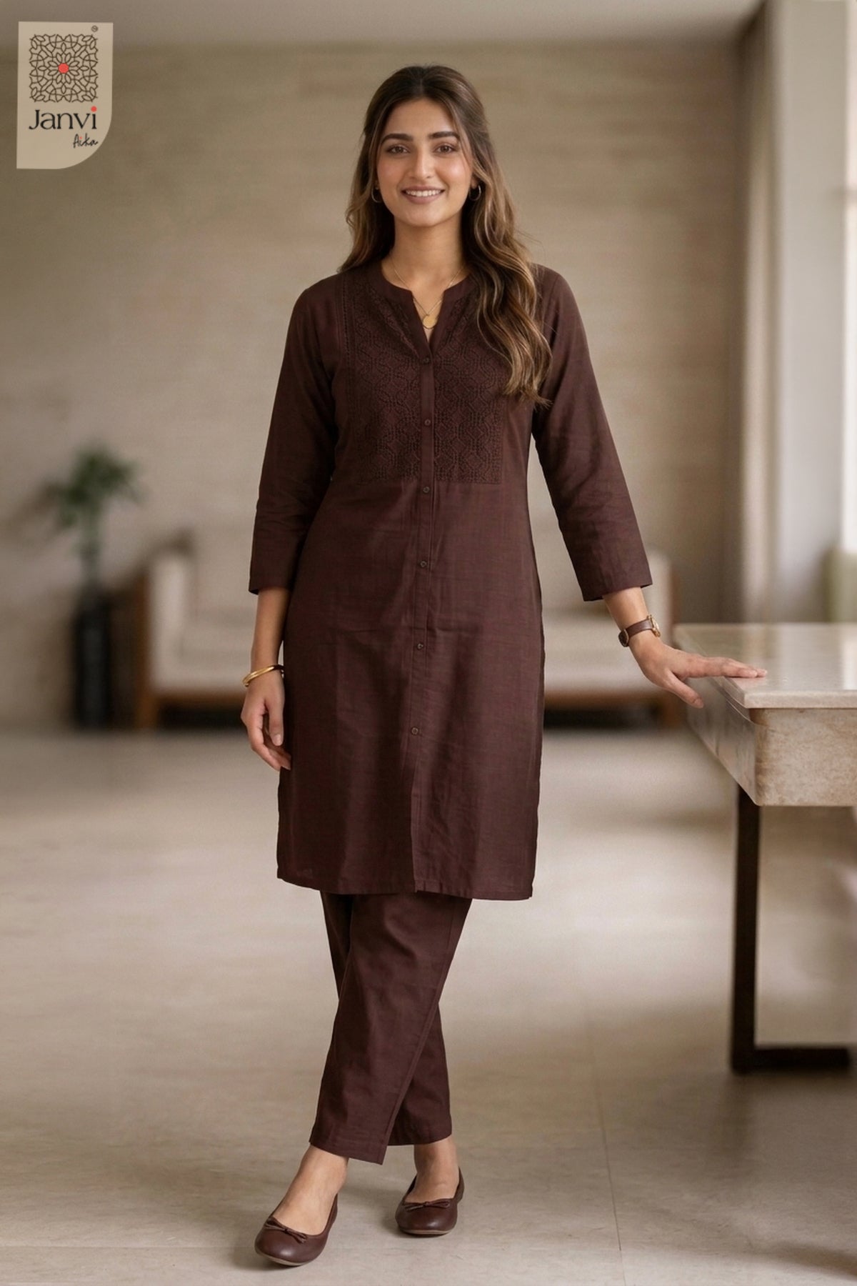 Standing front view of Orchid Veil in dark maroon from the 2 piece outfits for ladies collection.