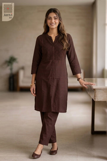 Standing front view of Orchid Veil in dark maroon from the 2 piece outfits for ladies collection.