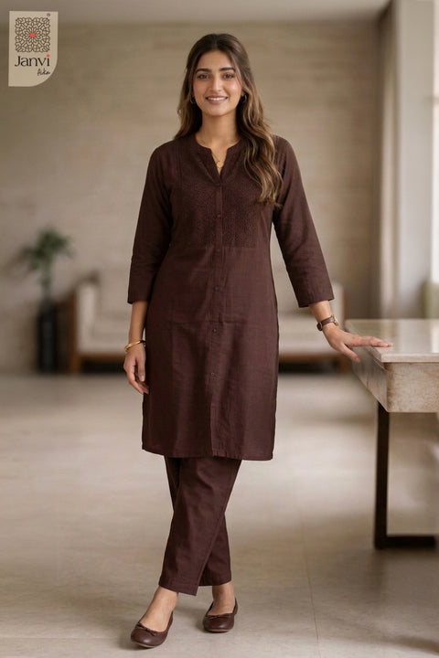 Standing front view of Orchid Veil in dark maroon from the 2 piece outfits for ladies collection.