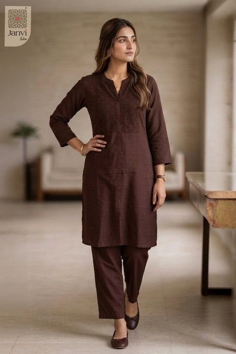 Walking pose of Orchid Veil in dark maroon from the 2 piece outfits for ladies collection.