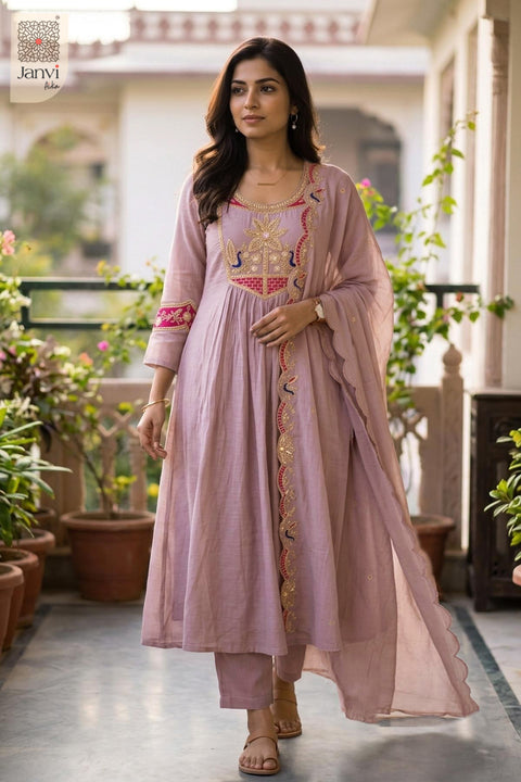 Light lavender festive long anarkali dress with dupatta and embroidered sleeve cuffs.