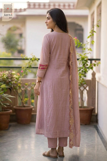 Rear view of a light lavender flared anarkali kurta with sheer draped dupatta.