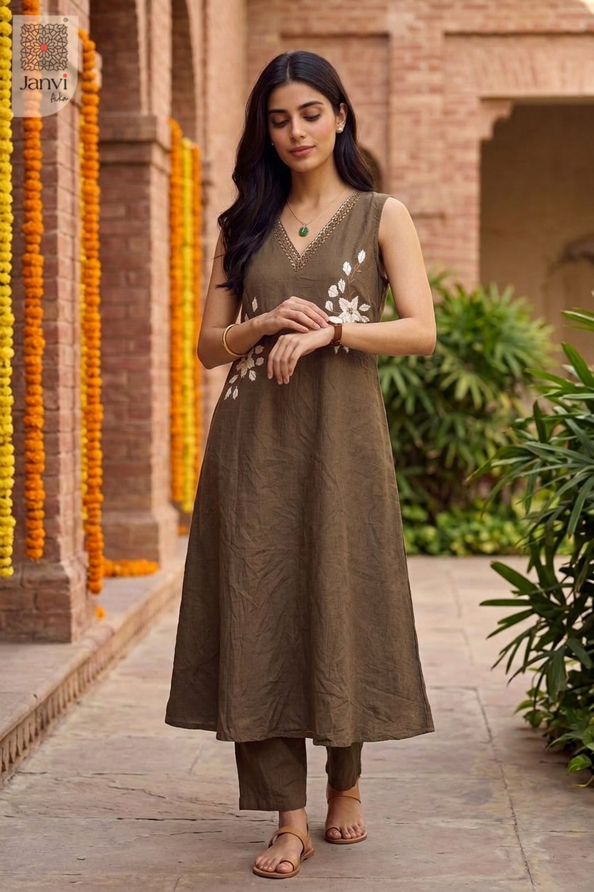 Olive Imperial Mirrorwork Floral Kurta