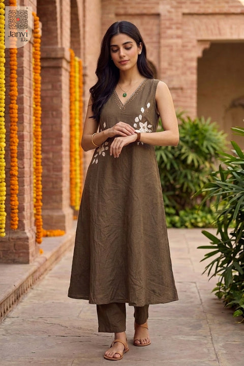 Olive Imperial Mirrorwork Floral Kurta