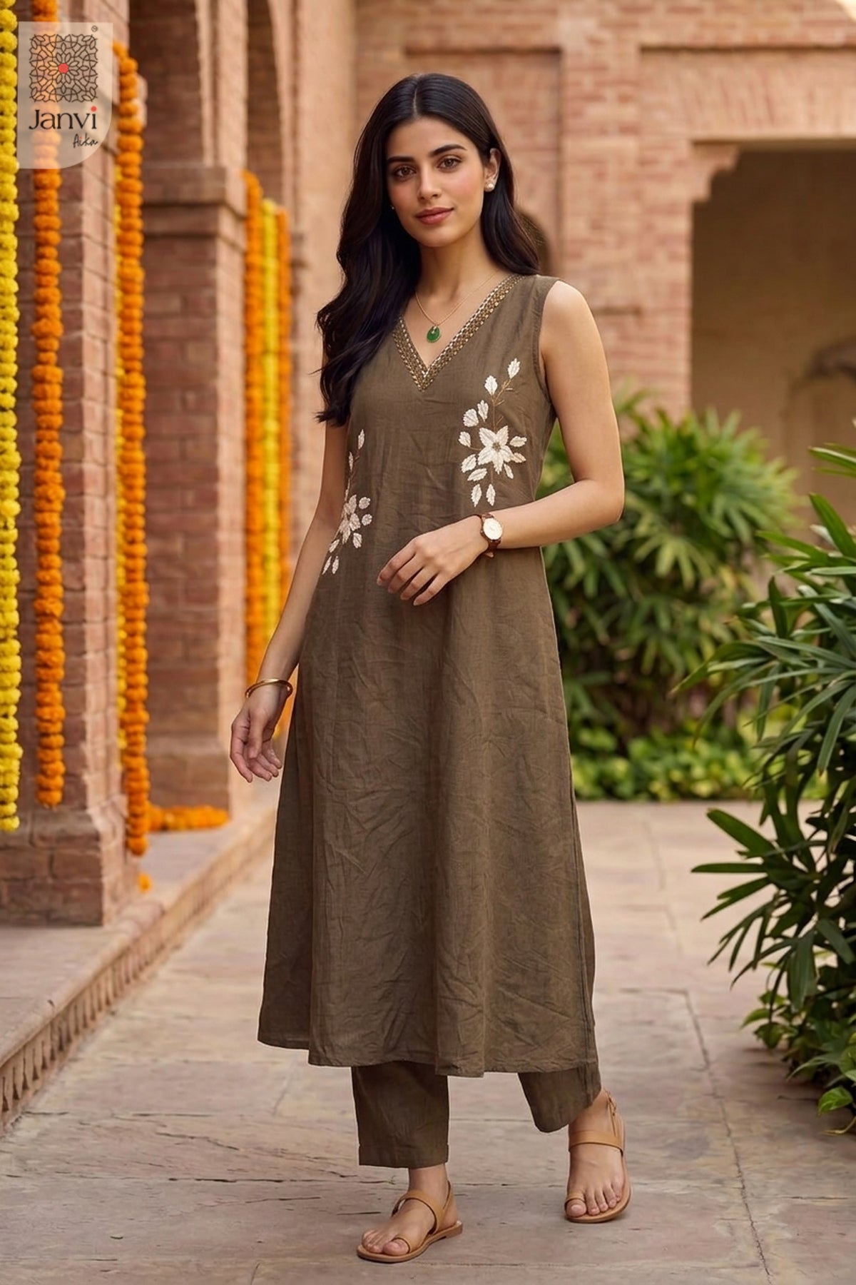 Olive Imperial Mirrorwork Floral Kurta
