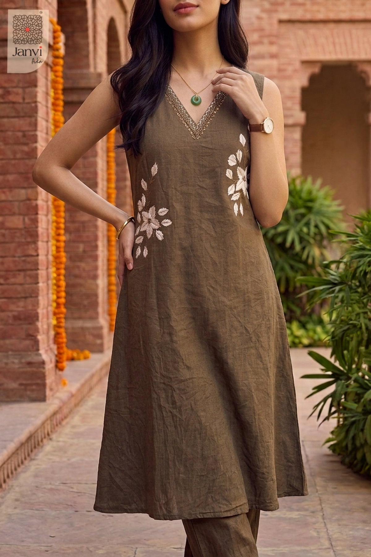 Olive Imperial Mirrorwork Floral Kurta