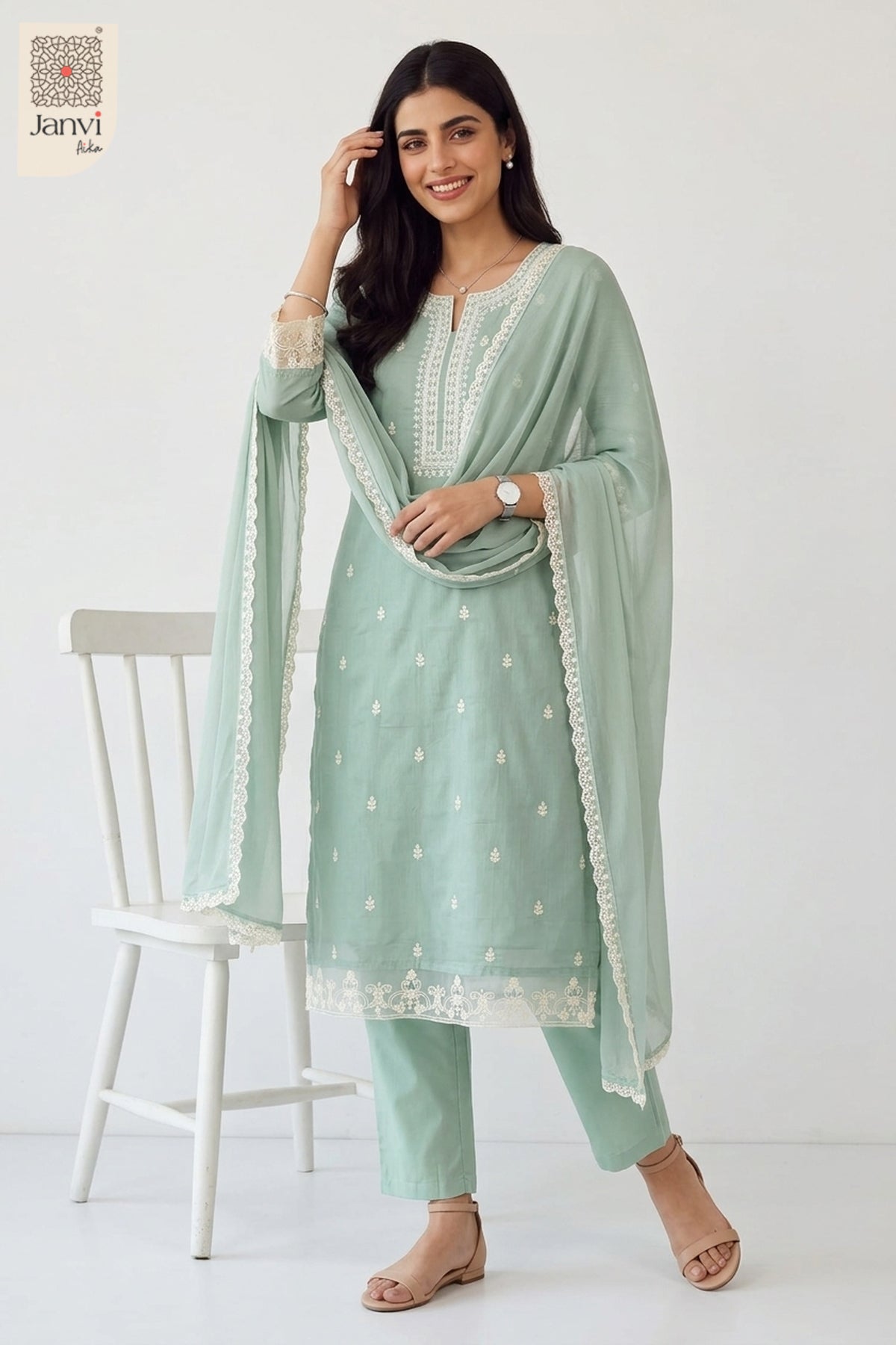 Standing pose with hand resting on a white chair in a lavender party wear churidar.