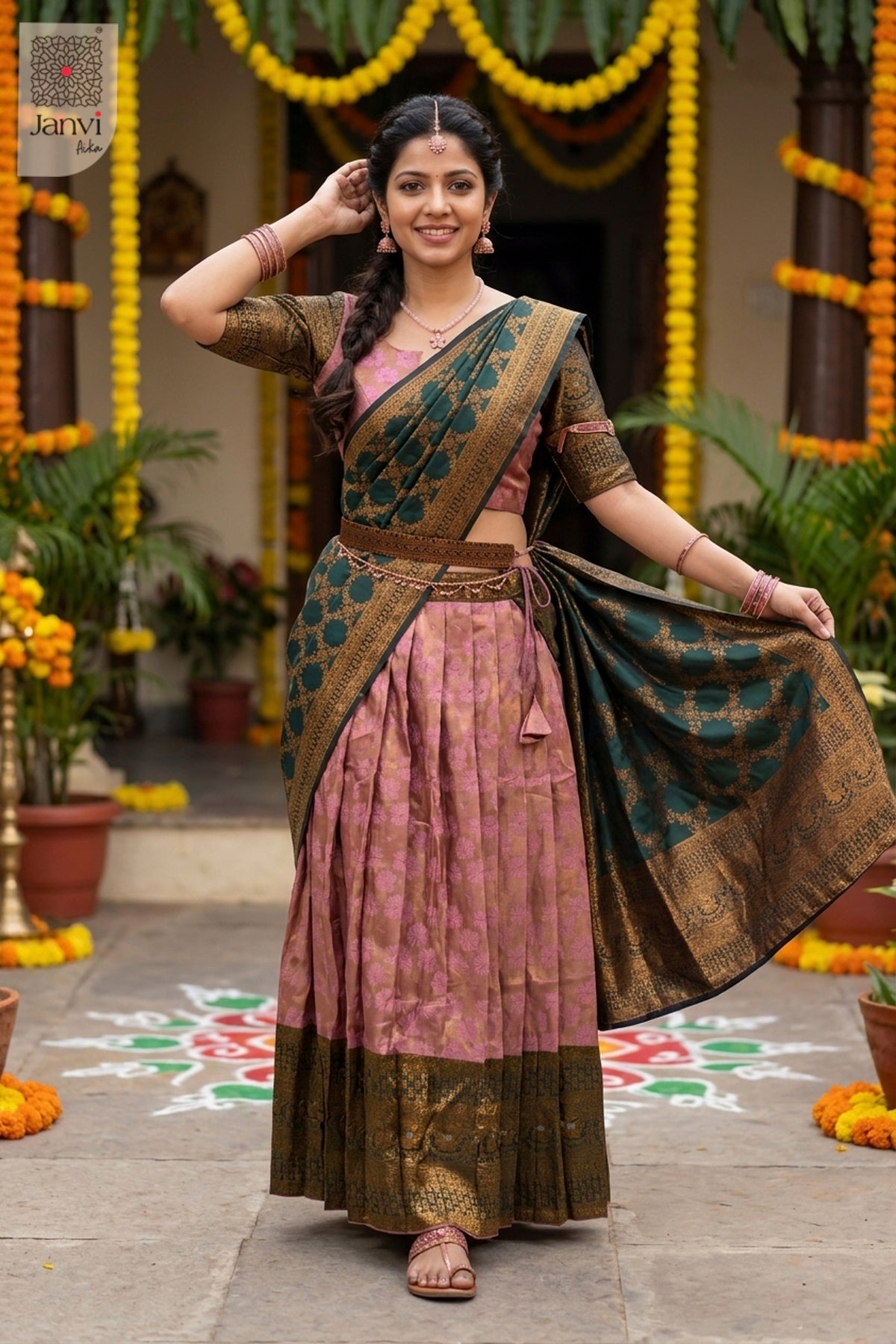 Front angled view of the flared silhouette of Pankhuri for women's party dresses online shopping.