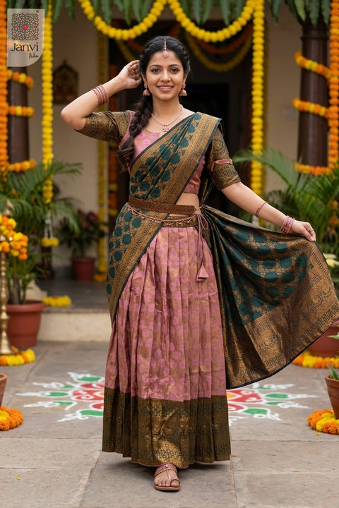 Side profile view of Pankhuri showcasing design for south indian style lehenga online shopping.