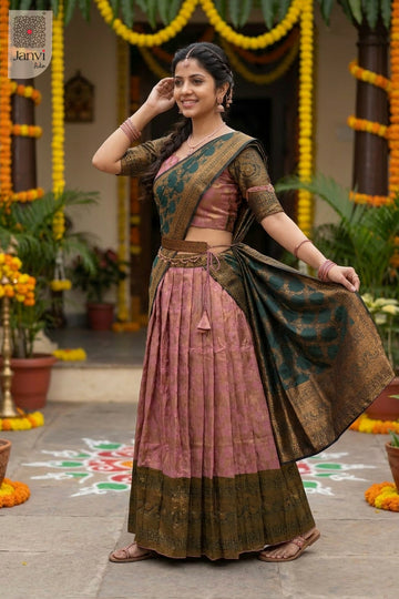 Side profile view of Pankhuri showcasing design for south indian style lehenga online shopping.