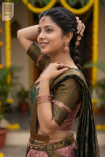 Waist-up side view of Pankhuri Prism presenting style for designer party wear saree for women.